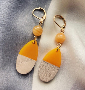 Aragonite Bead with Saffron Resin & Wood Earrings