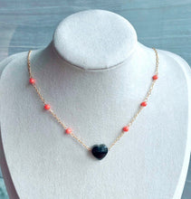 Load image into Gallery viewer, Coral with Puffy Black Onyx Heart Gold Filled Necklace
