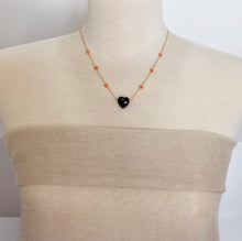 Load image into Gallery viewer, Coral with Puffy Black Onyx Heart Gold Filled Necklace

