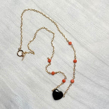 Load image into Gallery viewer, Coral with Puffy Black Onyx Heart Gold Filled Necklace
