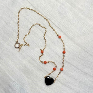 Coral with Puffy Black Onyx Heart Gold Filled Necklace